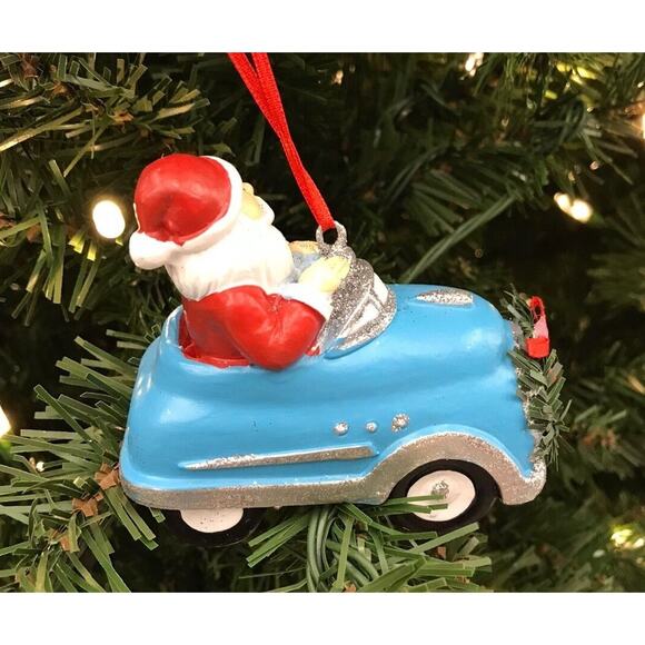 Santa Christmas Ornament Driving Blue & Silver Sports Car Christmas - Picture 8 of 9